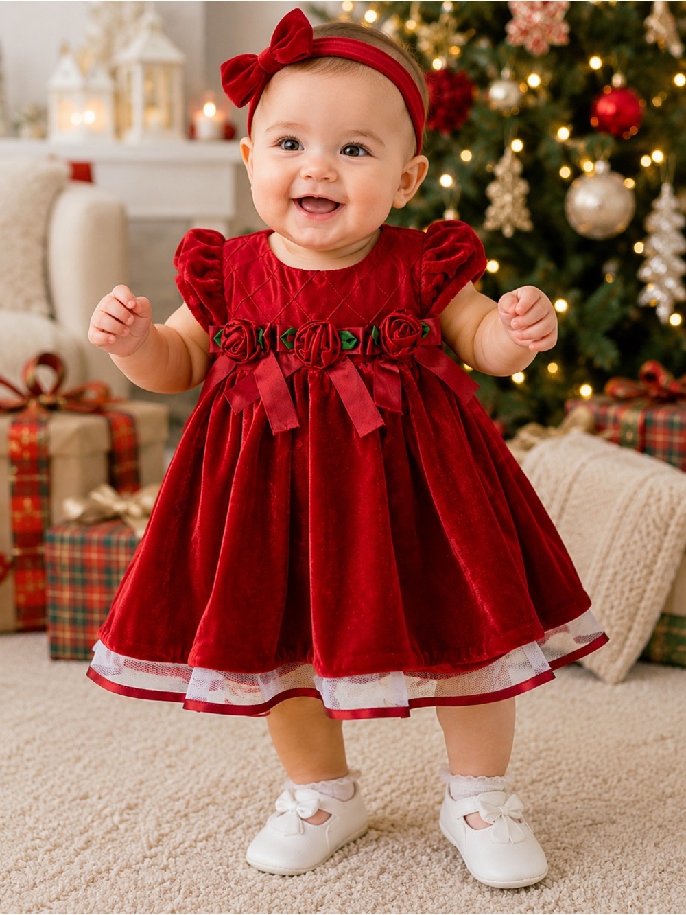 Bonnie Baby Red Velvet Christmas Holiday Dress 3-6M